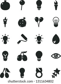 Solid Black Vector Icon Set - matte light bulb vector, colored air balloons, new roller, eye, drop, Chupa Chups, pomegranate, cornels, tasty, flame torch, flag on moon, gold ring, three stars