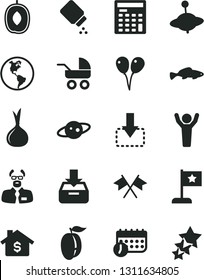 Solid Black Vector Icon Set - baby powder vector, carriage, yule, colored air balloons, put in a box, move down, small fish, delicious plum, ripe, onion, planet Earth, schedule, engineer calculator