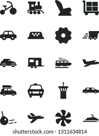 Solid Black Vector Icon Set - truck lorry vector, cargo trolley, car child seat, motor vehicle, baby toy train, tricycle, core, marine propeller, retro, urgent, private plane, limousine, baggage