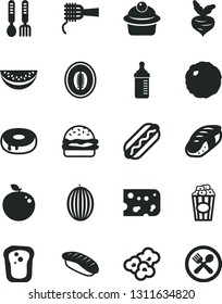 Solid Black Vector Icon Set - measuring bottle for feeding vector, iron fork spoons, piece of cheese, Hot Dog, burger, noodles, muffin, cake with a hole, cabbage, sushi, japanese, popcorn, cup, half