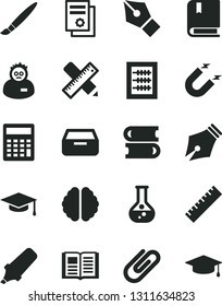 Solid Black Vector Icon Set - tassel vector, yardstick, calculator, new abacus, e, books, writing accessories, book, drawer, clip, flask, magnet, text highlighter, scientific publication, brain