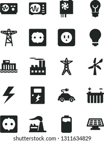 Solid Black Vector Icon Set - lightning vector, matte light bulb, power socket type b, f, dangers, charge level, wind energy, factory, battery, hydroelectric station, line, pole, industrial building