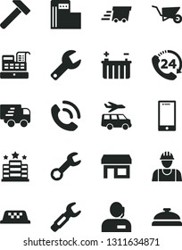 Solid Black Vector Icon Set - repair key vector, builder, building trolley, hammer, smartphone, 24, phone call, modern gas station, battery, steel, stall, dispatcher, urgent cargo, Express delivery