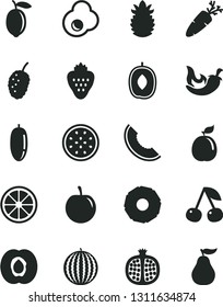 Solid Black Vector Icon Set - chili vector, carrot, fried egg, strawberry, cherry, half apricot, pomegranate, tasty mulberry, water melon, slice of, delicious plum, date fruit, lemon, juicy, passion