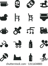 Solid Black Vector Icon Set - toys over the cradle vector, dummy, mug for feeding, bottle, measuring, diaper, beanbag, baby rattle, carriage, duckling, roly poly doll, tumbler, children's potty, a