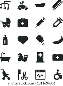 Solid Black Vector Icon Set - heart symbol vector, toys over the cradle, feeding bottle, baby powder, stroller, summer, bath, accessories for a hairstyle, comb, warm socks, bag of paramedic, medical