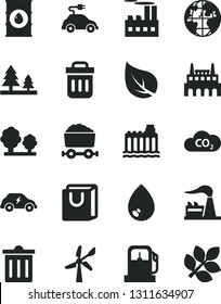 Solid Black Vector Icon Set - bin vector, drop, bag with handles, leaf, gas station, wind energy, factory, oil, hydroelectricity, trees, forest, industrial building, electric car, transport, CO2