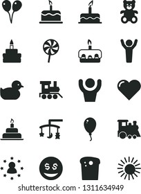 Solid Black Vector Icon Set - toys over the cradle vector, baby duckling, teddy bear, toy train, children's, colored air balloons, balloon, cake, birthday, heart, Easter, torte, lollipop, sun