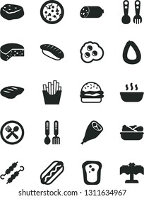 Solid Black Vector Icon Set - plastic fork spoons vector, iron, sausage, stick of, cheese, pizza, Hot Dog, burger, porridge, lettuce in a plate, grill chicken leg, chop, meat on skewers, piece, cafe