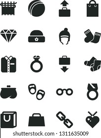 Solid Black Vector Icon Set - spectacles vector, bath ball, warm socks, Knitted, shoes for little children, winter hat, bag with handles, folded shirt, cloth industry, purse, hand, glasses, diamond