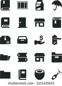 Solid Black Vector Icon Set - book vector, e, books, window frame, door knob, ntrance, umbrella, folder, drawer, cardboard box, package, half of coconut, kiosk, stall, get a wage, champagne