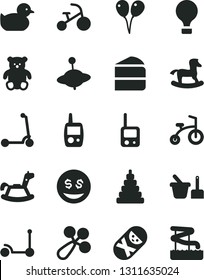 Solid Black Vector Icon Set - baby rattle vector, duckling, stacking toy, tumbler, phone, mobile, sand set, small teddy bear, yule, rocking horse, colored air balloons, child bicycle, tricycle