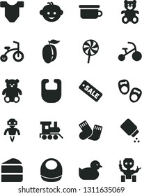 Solid Black Vector Icon Set - baby powder vector, bib, Child T shirt, duckling, warm socks, children's potty, teddy bear, small, hairdo, toy train, bicycle, tricycle, shoes for little children