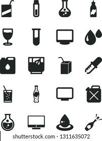 Solid Black Vector Icon Set - vector e, packing of juice with a straw, screen, glass soda, tea, bottle, liquor, round flask, canister, oil, drop, monitor, test tube, pipette, champagne