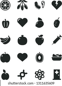 Solid Black Vector Icon Set - heart symbol vector, broken, lettuce in a plate, apple, pomegranate, red, tasty mulberry, goji berry, delicious plum, yellow lemon, juicy, bananas, Bell pepper, atom
