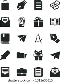 Solid Black Vector Icon Set - paper bag vector, airplane, archive, e, received letter, book, gift, popcorn, cup of, scribed compasses, portfolio, text highlighter, folder, file, clipboard, ink pen