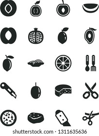 Solid Black Vector Icon Set - scissors vector, iron fork spoons, knife, stationery, cheese, pizza, slices of onion, piece meat, half pomegranate, plum, mango, peach, cherry, passion fruit, lemon