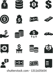 Solid Black Vector Icon Set - dollar vector, strongbox, coins, column of, get a wage, dollars, cash, gold bar, money rain, coin, bag, gear, limousine, mail, dialog, safe