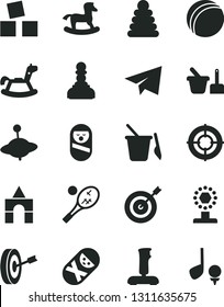Solid Black Vector Icon Set - paper airplane vector, bath ball, stacking rings, roly poly doll, tumbler, toy sand set, children's, yule, rocking horse, small, cubes for children, box of bricks, cup