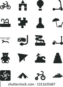 Solid Black Vector Icon Set - stacking rings vector, small teddy bear, box of bricks, child bicycle, Kick scooter, Puzzle, Puzzles, pawn, air balloon, hang glider, bike, tent, beach, pool, aquapark