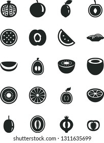 Solid Black Vector Icon Set - slices of onion vector, orange slice, half apricot, pomegranate, medlar, melon, tangerine, loquat, cherry, passion fruit, kiwi, sour lime, guawa, piece coconut, tomato