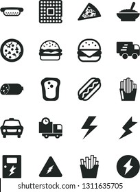 Solid Black Vector Icon Set - lightning vector, dangers, car, delivery, sausage, pizza, piece of, Hot Dog, mini, big burger, a bowl buckwheat porridge, French fries, fried potato slices, sandwich