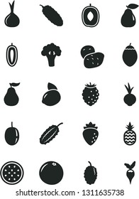 Solid Black Vector Icon Set - cucumber vector, beet, a pineapple, pear, raspberry, tasty, mulberry, delicious plum, passion fruit, sweet date, yellow lemon, half of, tamarillo, grapefruit, onion