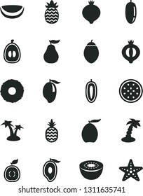 Solid Black Vector Icon Set - a pineapple vector, medlar, half of, mango, loquat, date fruit, sweet, kiwi, passion, tamarillo, guawa, piece coconut, slice, ripe guava, palm tree, starfish
