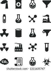 Solid Black Vector Icon Set - round flask vector, manufacture, factory, oil, barrel, industrial building, radiation, carbon dyoxide, filter, water, research article, test tube, molecule, nuclear