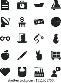 Solid Black Vector Icon Set - tassel vector, bell, cargo trolley, scribbled paper, pie chart, bib, bath, heart, camera, red apple, rose hip, industrial building, satellite dish, gas welding, dollar