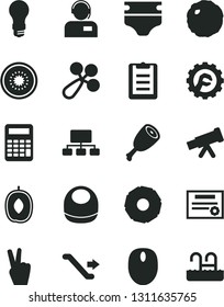 Solid Black Vector Icon Set - diaper vector, baby bib, rattle, star gear, operator, chicken thigh, cabbage, delicious plum, half of kiwi, slice pineapple, light bulb, scheme, mouse, telescope, pool