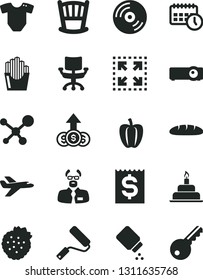 Solid Black Vector Icon Set - cradle vector, baby powder, t short, birthday cake, new roller, CD, size, loaf, fried potato slices, strawberries, Bell pepper, financial item, agenda, projector, chair