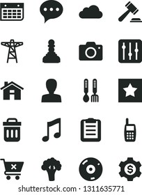 Solid Black Vector Icon Set - house vector, camera, hammer of a judge, woman, iron fork spoons, speech, music, regulator, crossed cart, broccoli, power pole, wall calendar, mobile phone, cd, cloud