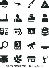 Solid Black Vector Icon Set - nappy vector, cloud, builder, passport, screen, stall, man, column of coins, presentation, router, printer, pc speaker, schedule clock, telescope, electricity, zoom