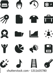 Solid Black Vector Icon Set - winter hat vector, stepladder, case, T shirt, pie charts, loudspeaker, pc power supply, scanner, folder, floppy, note, history, file, magnet, growth graph, man hands up