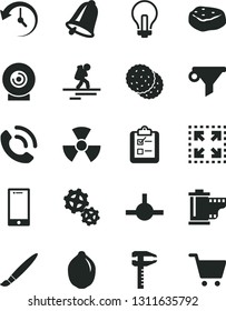 Solid Black Vector Icon Set - Tassel Vector, Incandescent Lamp, Camera Roll, Bell, Smartphone, Survey, Phone Call, Lens, Size, Piece Of Meat, Biscuit, Lime, Gears, Calipers, Water Filter, Connect