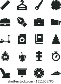 Solid Black Vector Icon Set - briefcase vector, yardstick, car child seat, stacking toy, Kick scooter, arm saw, hanger, half loquat, of kiwi, ripe pepper, cpu, folder, book, presentation board