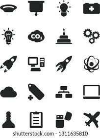 Solid Black Vector Icon Set - add label vector, bag of a paramedic, birthday cake, flowchart, plate, carbon dyoxide, three gears, bulb, computer, notebook pc, usb flash, cloud, atom, clipboard, pawn