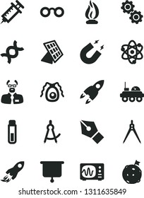 Solid Black Vector Icon Set - space rocket vector, test tube, atom, glasses, dna, gears, bactery, oscilloscope, magnet, flame, scientist, drawing compass, sun panel, lunar rover, syringe, ink pen