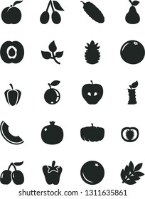 Solid Black Vector Icon Set - cucumber vector, peper, pear, orange, ripe peach, half apricot, pomegranate, tasty apple, cornels, blueberry, slice of melon, pineapple, grapefruit, stub, tomato