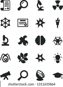 Solid Black Vector Icon Set - research article vector, microscope, telescope, nuclear, zoom, bulb, brain, satellite, bactery, biohazard, antenna, biology, patente, 3d cube, flame torch, bang