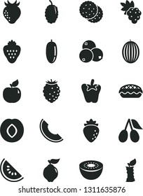 Solid Black Vector Icon Set - apple pie vector, peper, strawberry, biscuit, grape, quince, apricot, plum, raspberry, cornels, tasty, blueberries, mulberry, melon, slice of, water, date fruit, kiwi