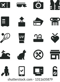 Solid Black Vector Icon Set - bus vector, passenger, plane ticket, phone registration, baggage, atm, credit card, uv cream, pool, cafe, surfing, camera, tennis, pets, safe, store, life vest, column