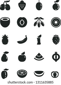 Solid Black Vector Icon Set - strawberry vector, pear, apricot, plum, half of medlar, tasty raspberry, blueberry, cornels, goji berry, ripe, passion fruit, banana, kiwi, piece coconut, pineapple