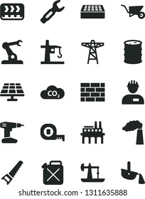 Solid Black Vector Icon Set - workman vector, brickwork, building trolley, drill, hand saw, measuring tape, brick, solar panel, oil derrick, manufacture, barrel, power pole, industrial enterprise