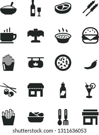 Solid Black Vector Icon Set - iron fork spoons vector, coffee, pizza, big burger, a bowl of rice porridge, in saucepan, lettuce plate, bacon, barbecue, French fries, fried potato slices, liquor