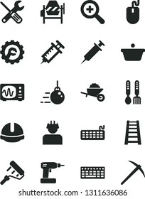 Solid Black Vector Icon Set - zoom vector, iron fork spoons, big core, garden trolley, concrete mixer, small tools, cordless drill, paint roller, stepladder, construction helmet, star gear, builder