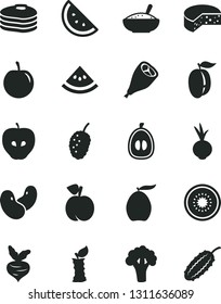 Solid Black Vector Icon Set - cheese vector, a bowl of rice porridge, grill chicken leg, beet, orange slice, pancakes, peach, tasty apple, mulberry, loquat, half, ripe plum, kiwi, water melon, stub