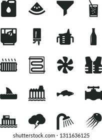 Solid Black Vector Icon Set - measuring cup for feeding vector, shower, heating coil, electronic boiler, storm cloud, small fish, a glass of soda, tea, slice water melon, marine propeller, valve