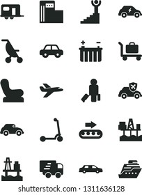 Solid Black Vector Icon Set - Baby chair vector, summer stroller, motor vehicle, child Kick scooter, sea port, commercial seaport, modern gas station, battery, production conveyor, retro car, camper